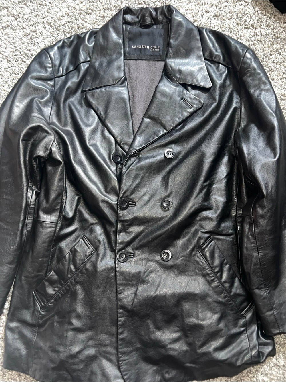 Kenneth Cole Black Double-Breasted Leather Pea Coat - Picture 2 of 4